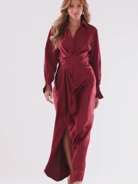 Xscape Dresses & Skirts - XSCAPE EMERY" SATIN LONG SLEEVE COLLARED DRESS Wrap Satin Shirt Sz 4 color wine